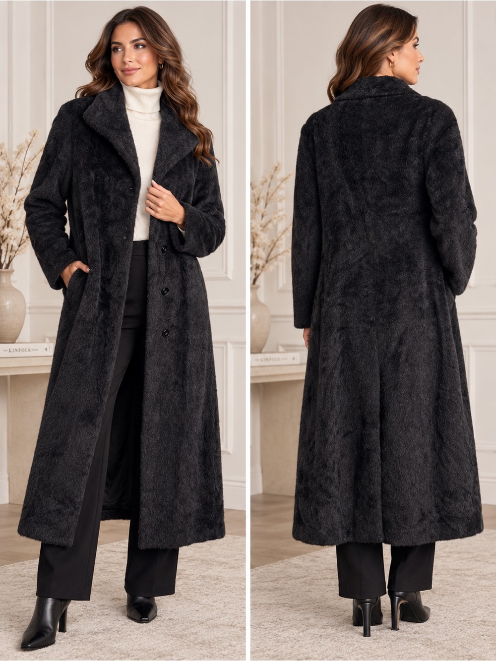 J. Jill x Peruvian Collection Alpaca Wool Black Long Fuzzy RARE Coat Women Large